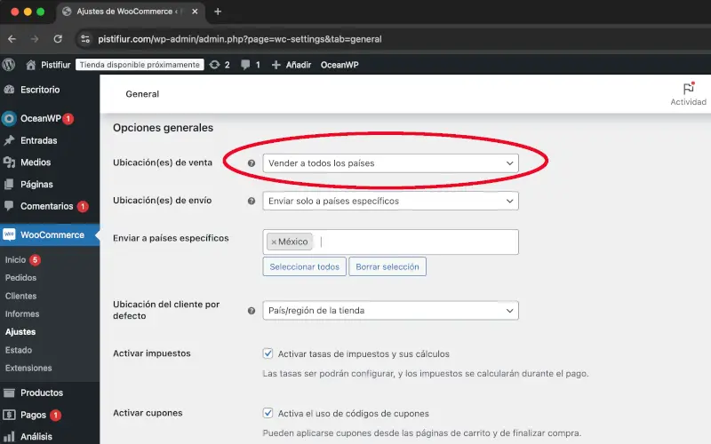 Ubicación de venta de General de Ajustes en WooCommerce