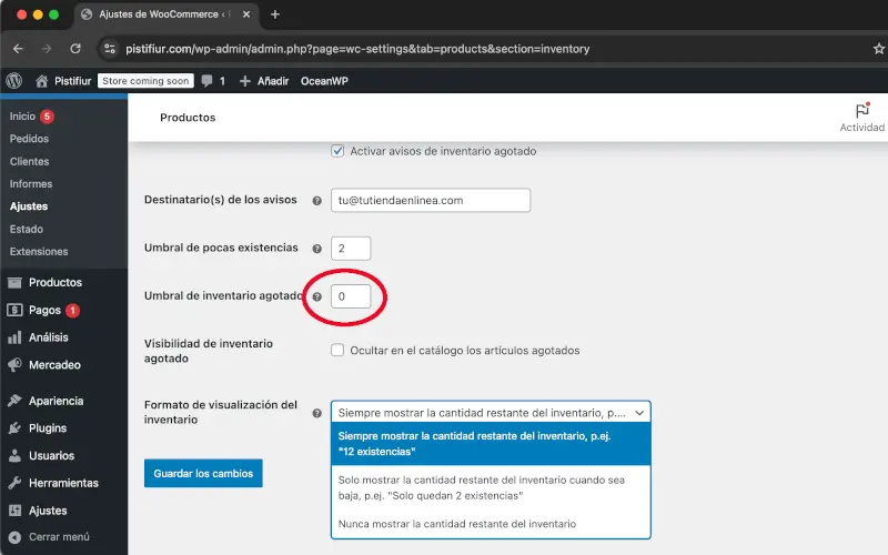 Umbral de inventario agotado de productos de ajustes en WooCommerce