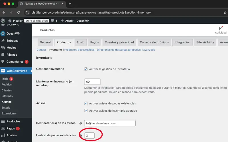 Umbral de pocas existencias de productos de ajustes en WooCommerce