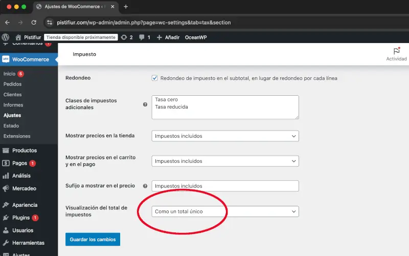 Visualización del total de impuestos de impuestos de ajustes en WooCommerce