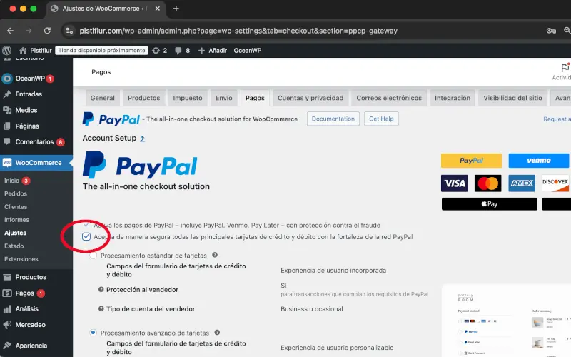 Aceptar todas las tarjetas de crédito en PayPal en Pagos en Ajustes en WooCommerce