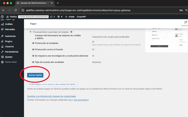 Activar PayPal en Pagos en Ajustes en WooCommerce