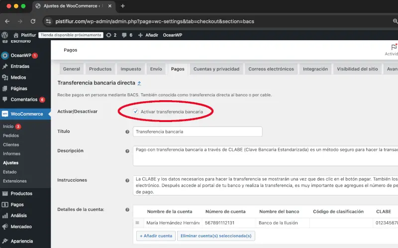Activar trasferencia bancaria directa en Pagos en Ajustes en WooCommerce