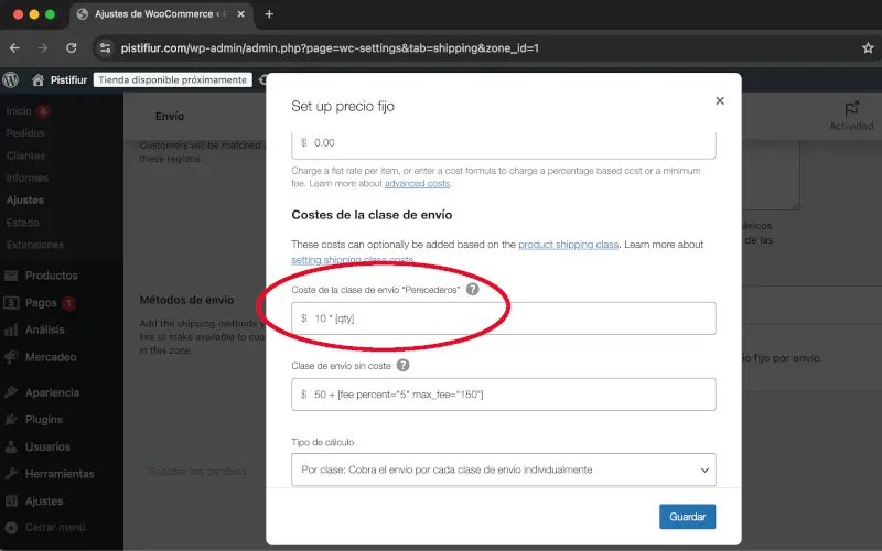 Agregar costo de clase de envío en Envío en Ajustes en WooCommerce