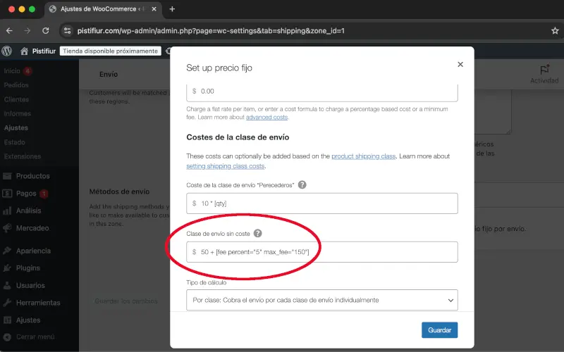 Agregar costo sin clase de envío en Envío en Ajustes en WooCommerce