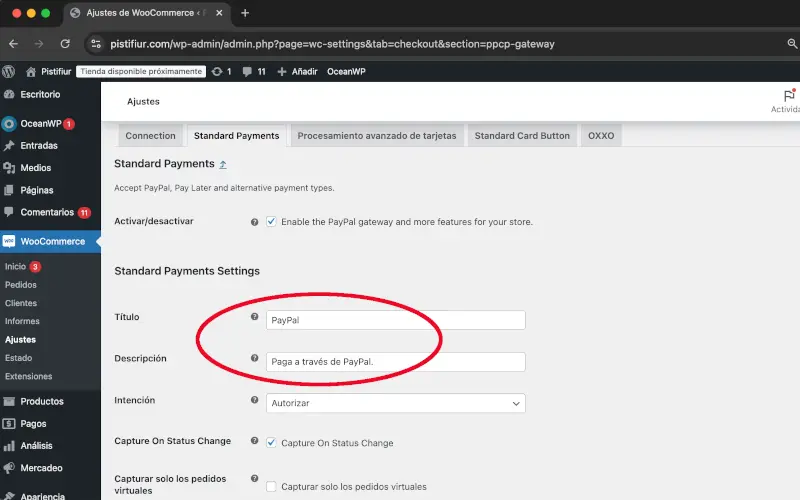 Ajustes de pagos estándar en PayPal en Pagos en Ajustes en WooCommerce