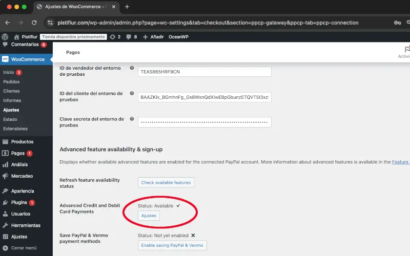 Ajustes del procesamiento avanzado de tarjetas de crédito en PayPal en Pagos en Ajustes en WooCommerce