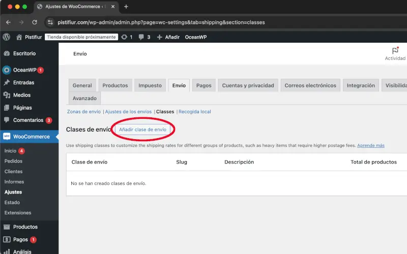Añadir clase de envío en Envío en Ajustes en WooCommerce