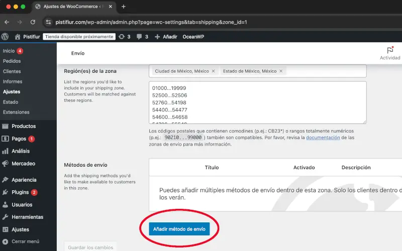 Añadir método de envío en Envío en Ajustes en WooCommerce