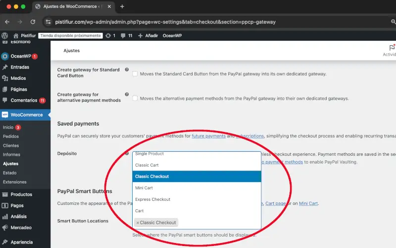 Botones inteligentes de PayPal en Pagos en Ajustes en WooCommerce