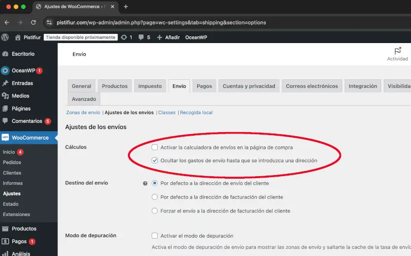 Cálculo en Envío en Ajustes en WooCommerce