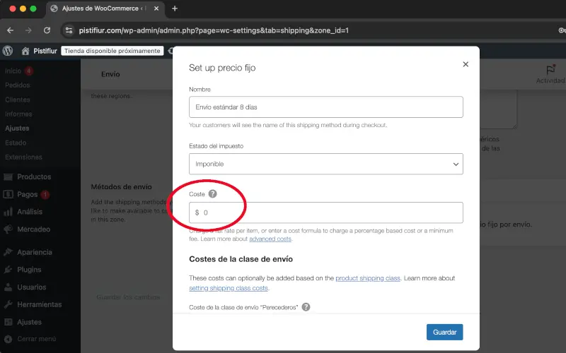 Cambiar costo de Precio fijo en Envío en Ajustes en WooCommerce