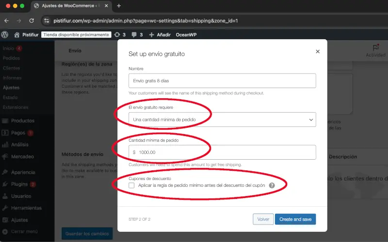 Cantidad mínima de pedido para envío gratuito en Envío en Ajustes en WooCommerce