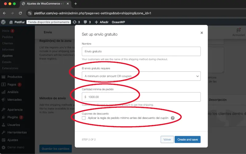 Cantidad mínima de pedido o cupón para envío gratuito en Envío en Ajustes en WooCommerce