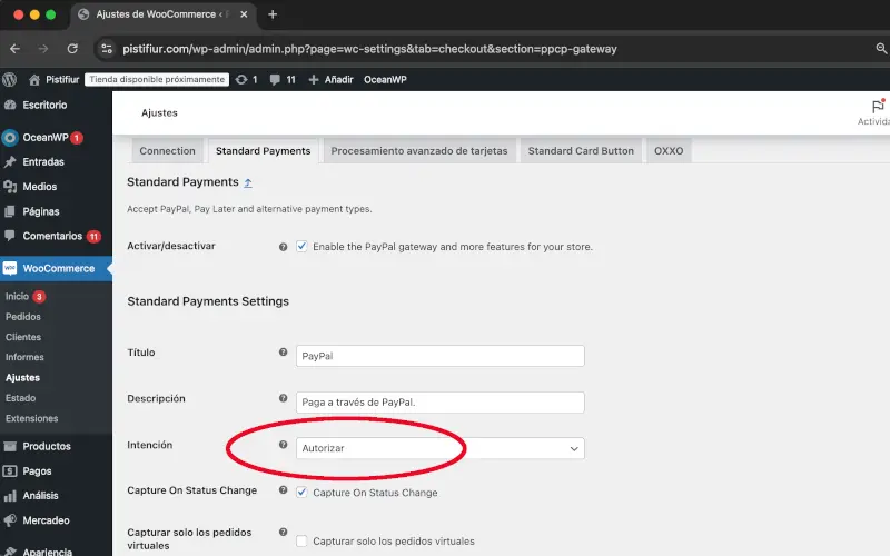 Capturar o Autorizar en PayPal en Pagos en Ajustes en WooCommerce