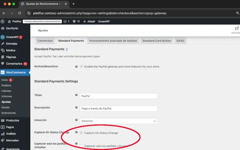 Capturar cuando cambió el estatus en PayPal en Pagos en Ajustes en WooCommerce