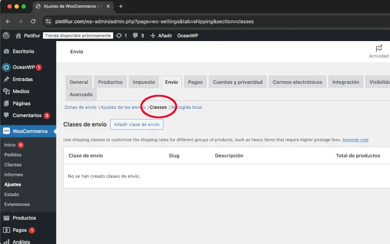 Clases en Envío en Ajustes en WooCommerce