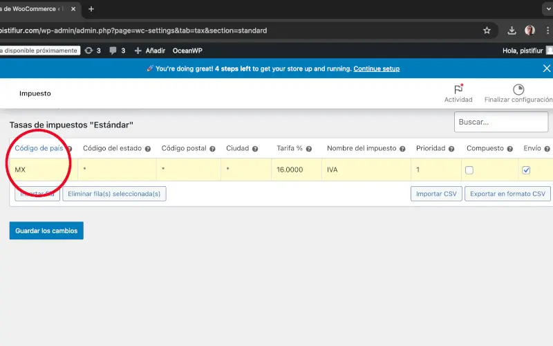 Código de país en Impuestos en Ajustes en WooCommerce