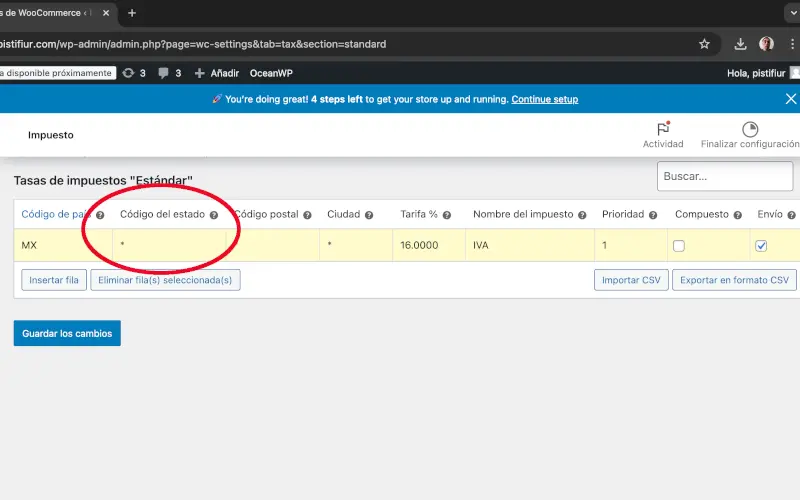 Código del estado en Impuestos en Ajustes en WooCommerce
