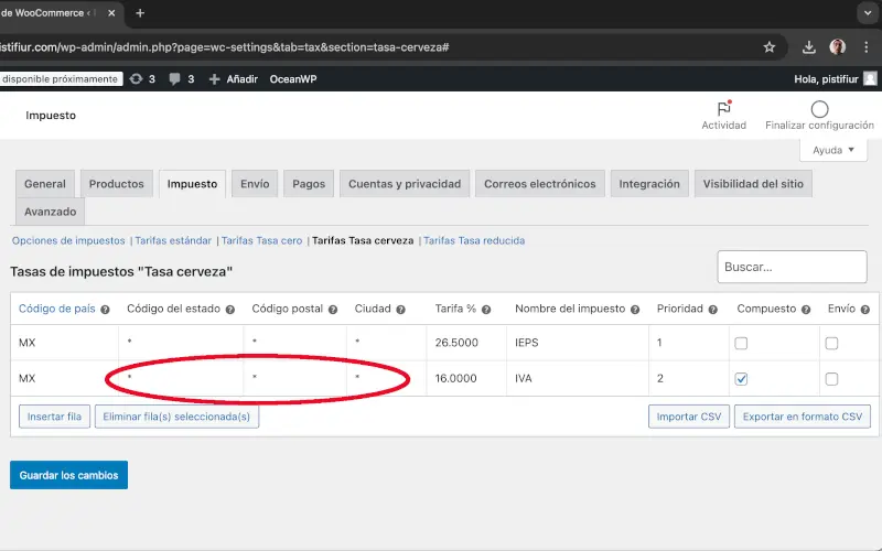 Código del estado, código postal y ciudad para IVA en Impuestos en Ajustes en WooCommerce