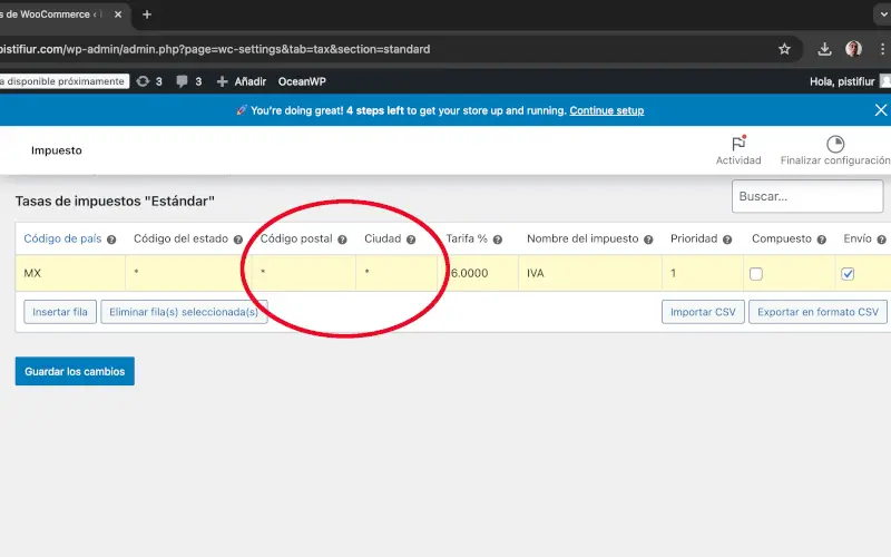 Código postal y ciudad en Impuestos en Ajustes en WooCommerce