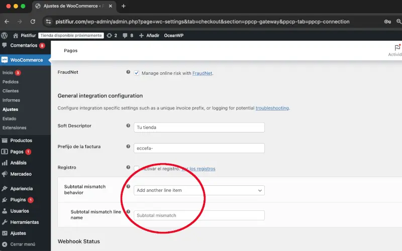Comportamiento con la diferencia en el subtotal en PayPal en Pagos en Ajustes en WooCommerce