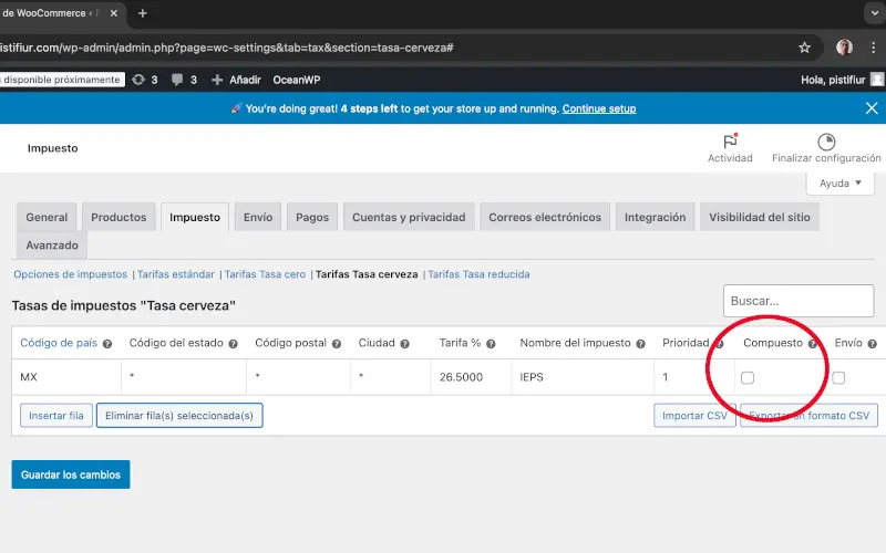 Compuesto para IEPS en Impuestos en Ajustes en WooCommerce