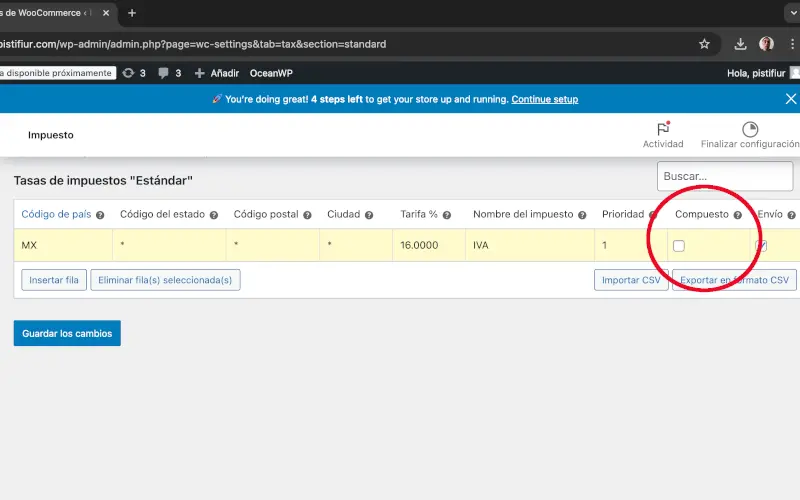Compuesto en Impuestos en Ajustes en WooCommerce