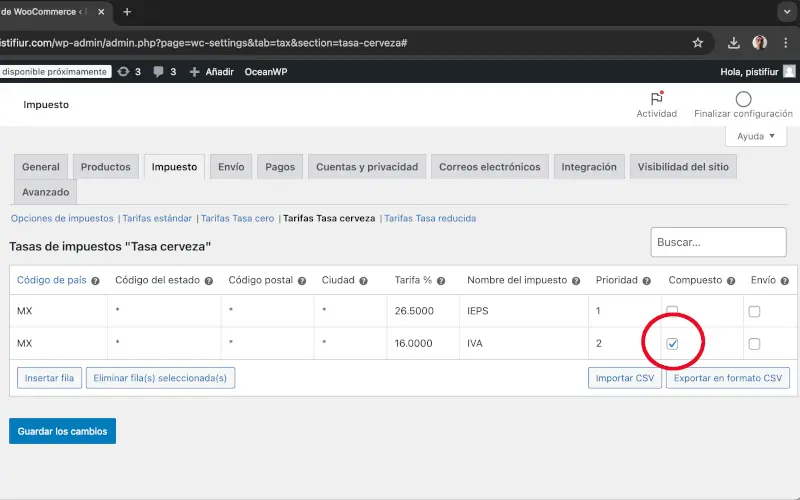 Compuesto para IVA en Impuestos en Ajustes en WooCommerce