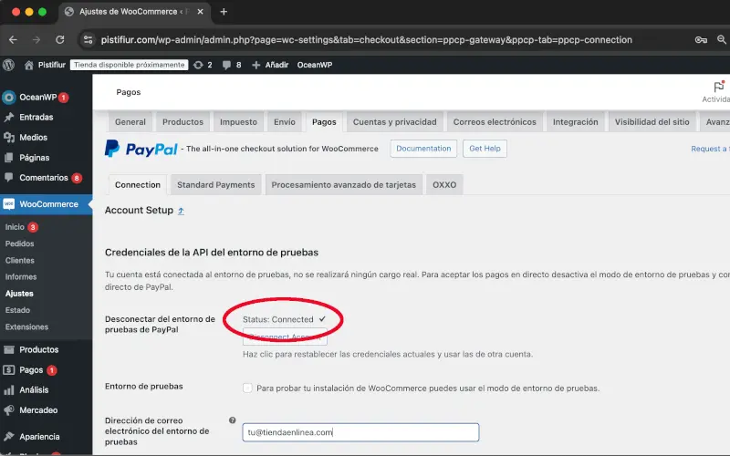 Estatus conectado en PayPal en Pagos en Ajustes en WooCommerce