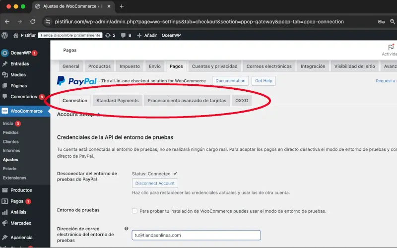 Conexión en PayPal en Pagos en Ajustes en WooCommerce