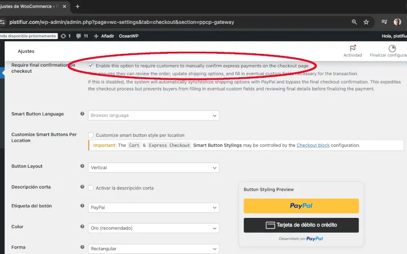 Confirmación de pago exprés en PayPal en Pagos en Ajustes en WooCommerce