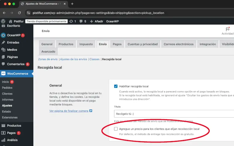 Costo de recogida local en Envío en Ajustes en WooCommerce