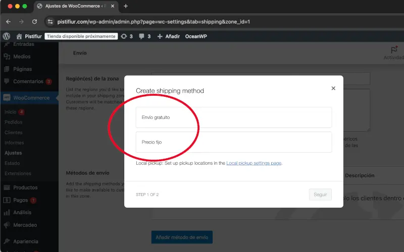 Crear método de envío en Envío en Ajustes en WooCommerce