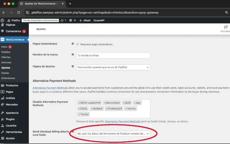 Datos de facturación de tarjeta de crédito en PayPal en Pagos en Ajustes en WooCommerce