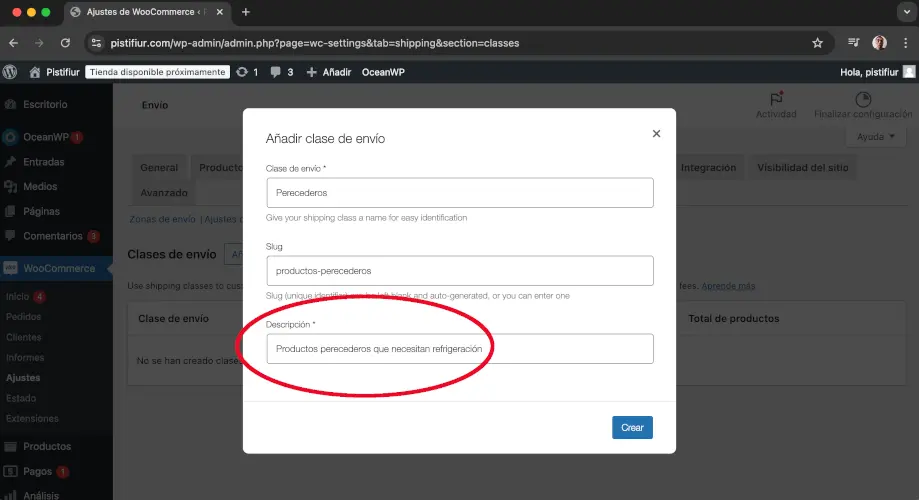 Descripción de Clase de envío en Envío en Ajustes en WooCommerce