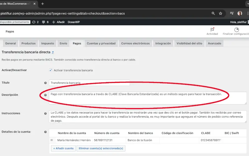 Descripción de trasferencia bancaria directa en Pagos en Ajustes en WooCommerce