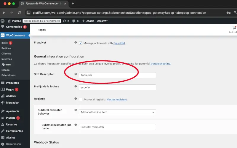 Descriptor suave en PayPal en Pagos en Ajustes en WooCommerce