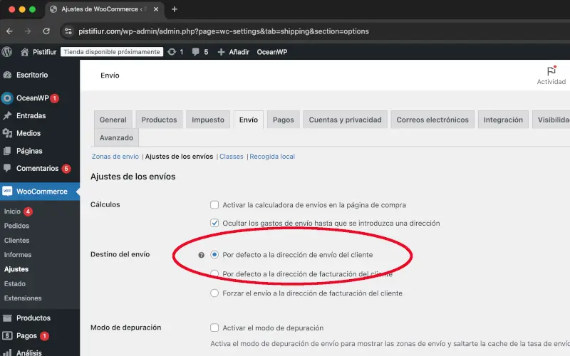 Destino en Envío en Ajustes en WooCommerce