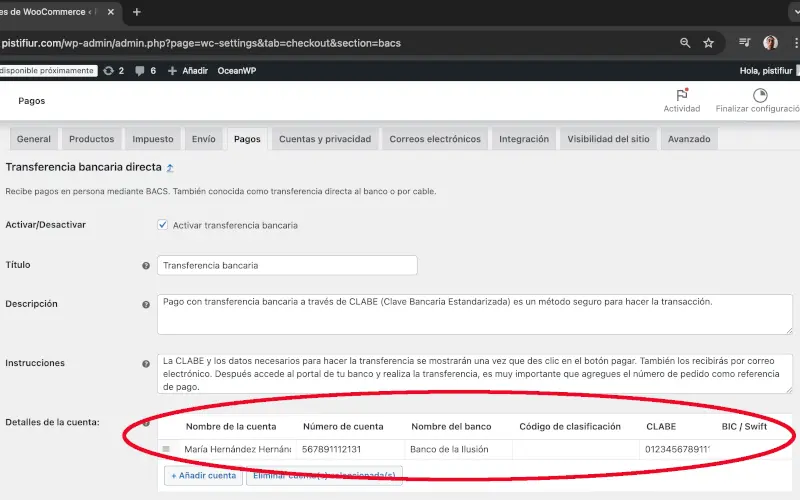 Detalles de la cuenta para trasferencia bancaria directa en Pagos en Ajustes en WooCommerce