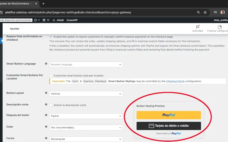 Disposición, descripción corta, etiqueta, color y forma de botones inteligentes en PayPal en Pagos en Ajustes en WooCommerce