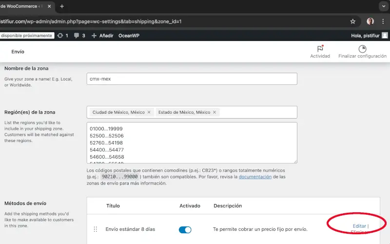 Editar Método de envío en Envío en Ajustes en WooCommerce