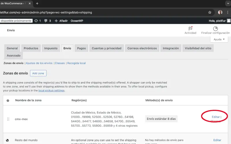 Editar Zona de envío en Envío en Ajustes en WooCommerce
