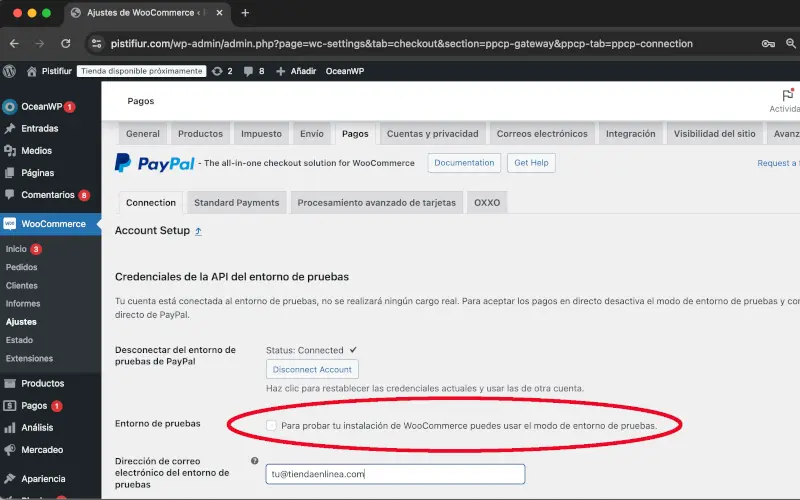 Entorno de pruebas en PayPal en Ajustes en WooCommerce