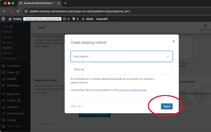 Envío gratuito en Envío en Ajustes en WooCommerce