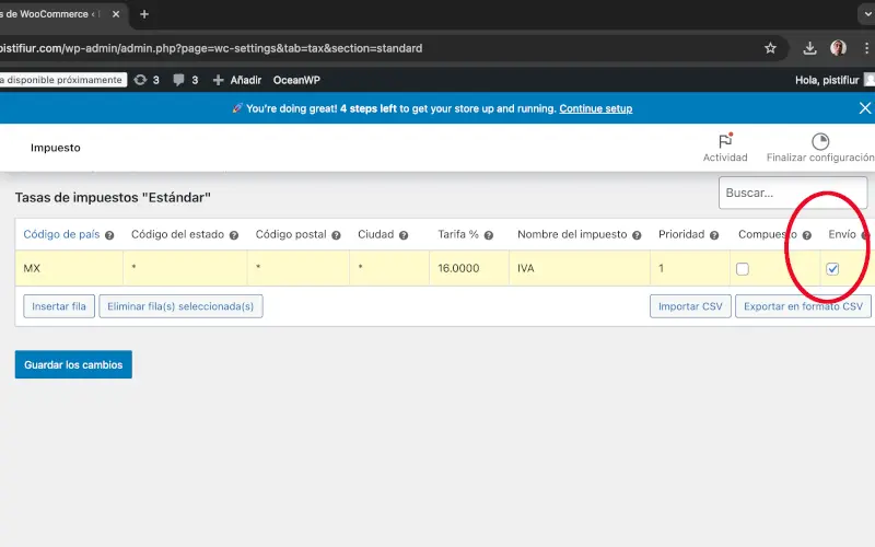 Envío en Impuestos en Ajustes en WooCommerce