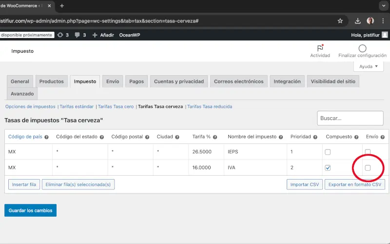 Envío para IVA en Impuestos en Ajustes en WooCommerce