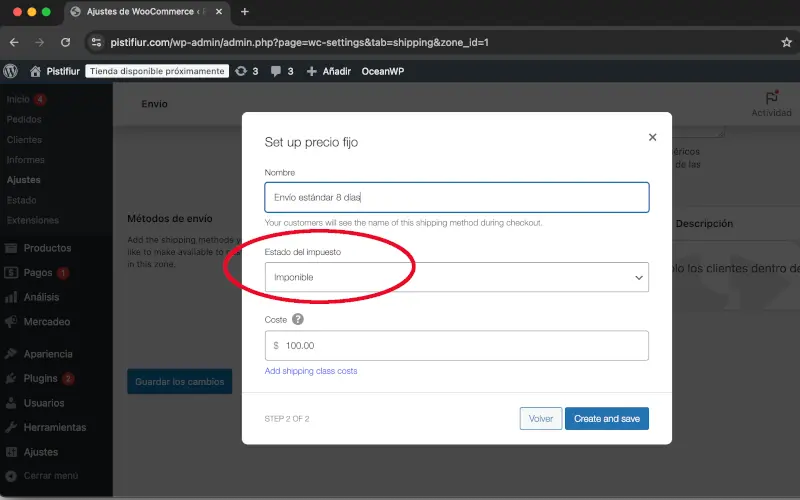 Estado del impuesto de precio fijo en Envío en Ajustes en WooCommerce