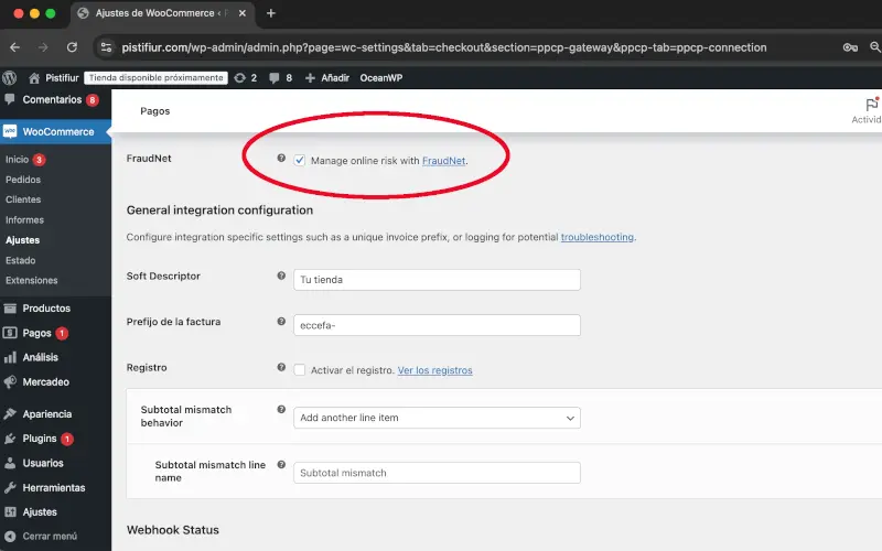 FraudNet en PayPal en Pagos en Ajustes en WooCommerce