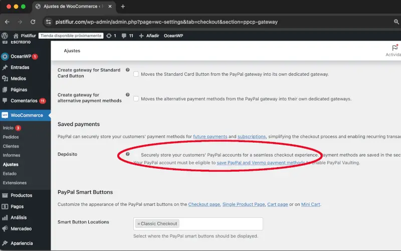 Guardar pagos en PayPal en Pagos en Ajustes en WooCommerce